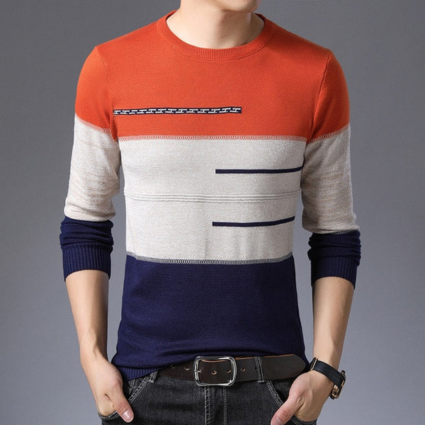 Round Collar Striped Cotton Sweater