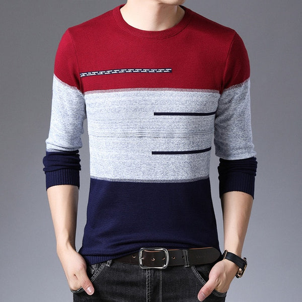 Round Collar Striped Cotton Sweater